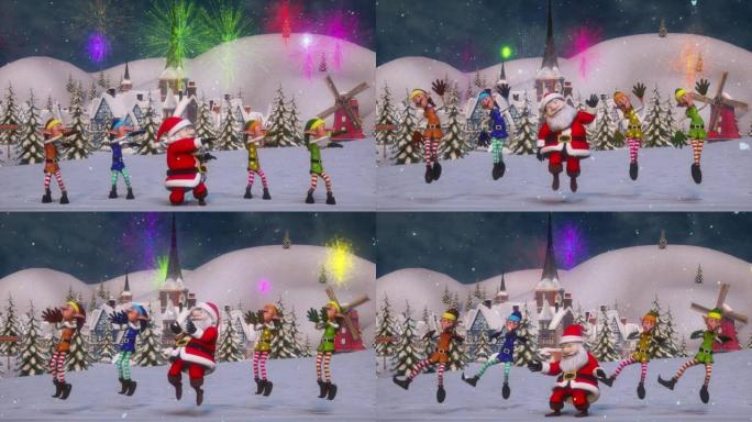 有趣的圣诞老人和精灵在圣诞村附近的圣诞冬季森林里用烟花跳舞 ..下雪了。圣诞节和新年舞蹈视频动画的概