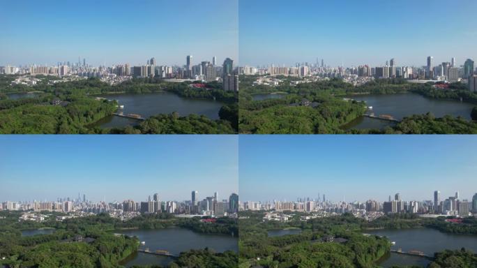 中国广州天际线的空中平移视图