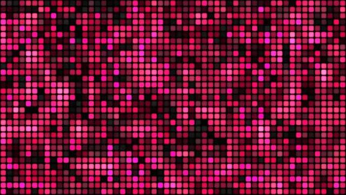 黑色背景循环上的粉色浮动网络方块。慢速混沌像素拼接无缝动画。
