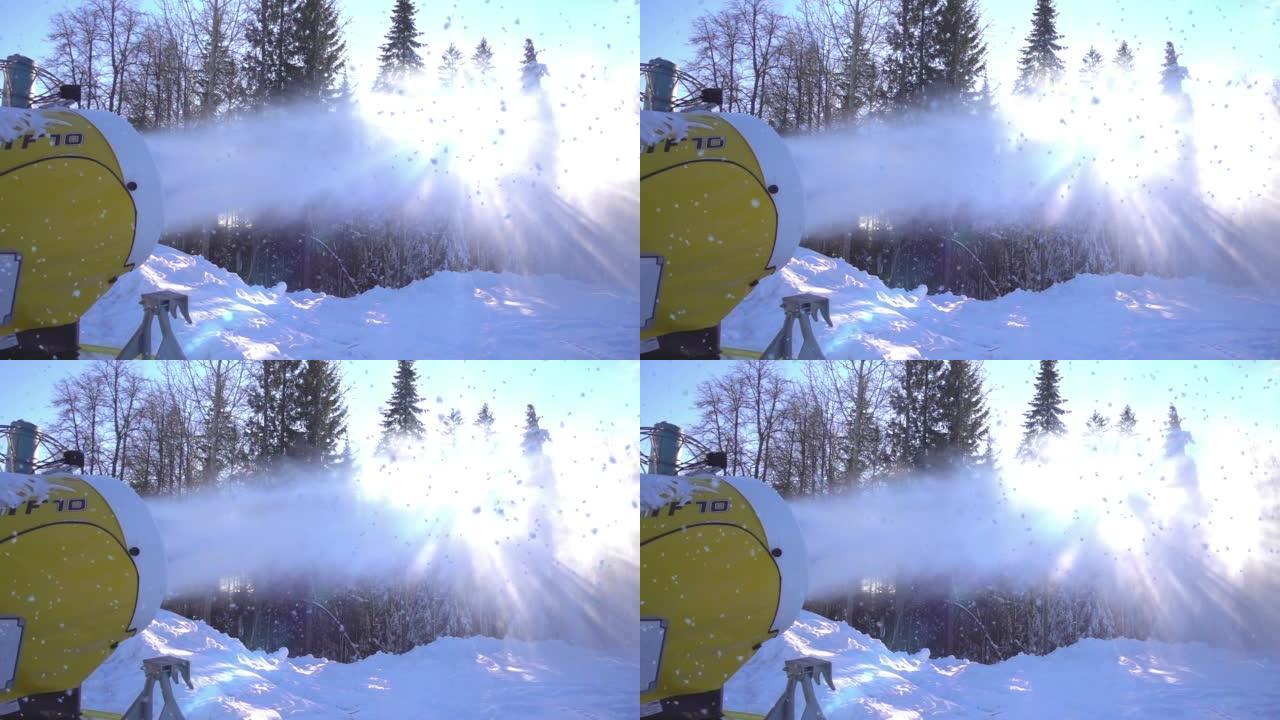 雪炮在日出的斜坡上制造人造雪，慢动作