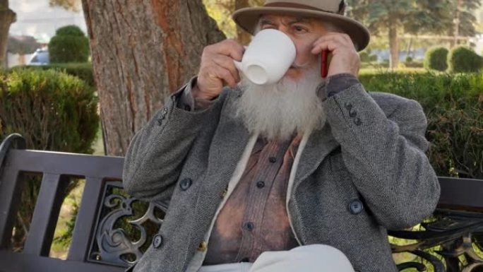 一位白发苍苍的大胡子，头上戴着帽子，身穿灰色外套，坐在公园长椅上，正在用手机通话。老年高级商人，教授