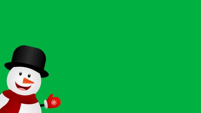 雪人在绿屏上向动画问好。圣诞节无缝循环背景。