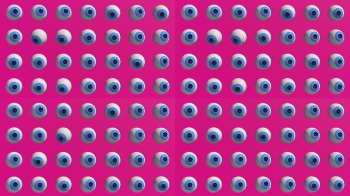 一群眼球。粉色背景。抽象动画，3d渲染。