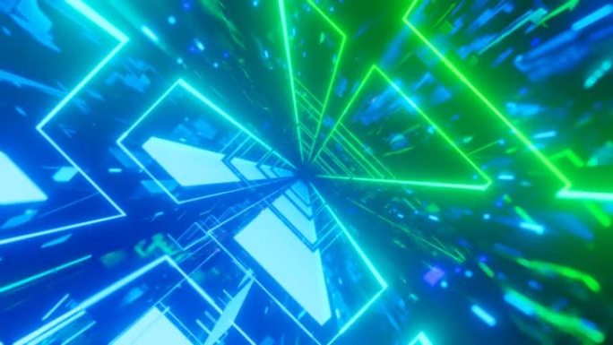 蓝绿色霓虹灯在科技网络空间中飞翔。通过高科技技术隧道的科幻飞行。辉光线形成像科幻全息图一样的图案。3