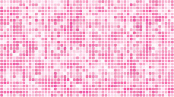白色背景循环上的粉色浮动网络方块。慢速混沌像素拼接无缝动画。