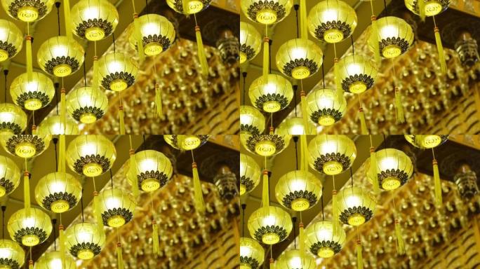 选择焦点装饰在9帝庙的黄色中国灯笼