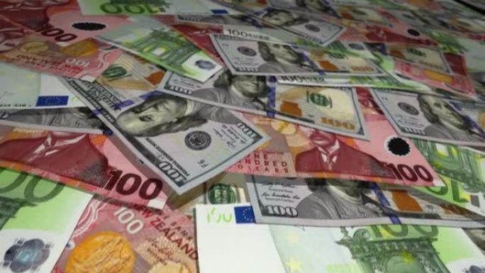 美元欧元新西兰美元纸币飞越货币表面