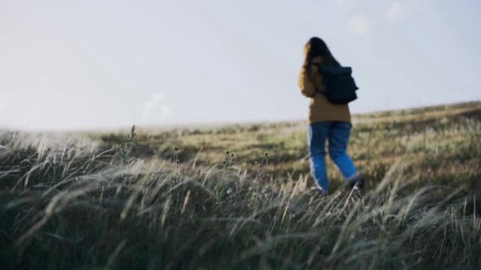 年轻女子徒步旅行者在山上覆盖的草地上崛起