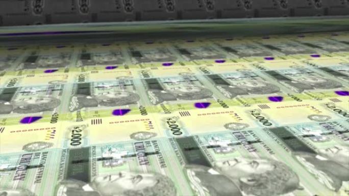 乌拉圭，乌拉圭比索印刷机打印出当前2000比索钞票，无缝循环，乌拉圭货币背景，4K，聚焦深度Smoo