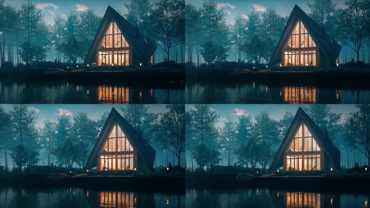 三角形现代湖边小屋
