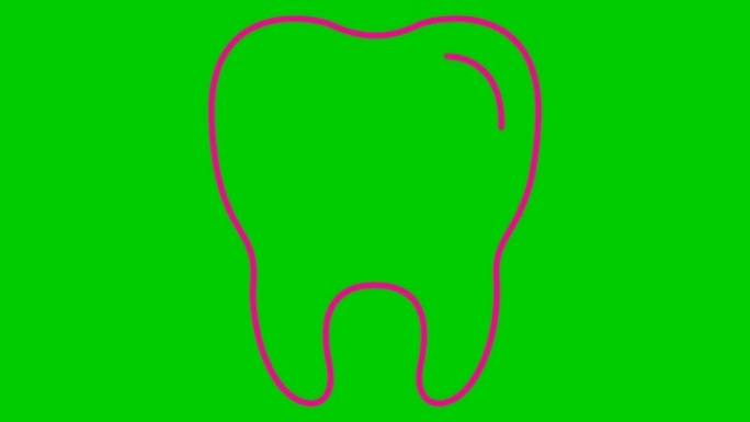 动画牙齿符号是逐渐绘制的。透明牙齿的线性粉色图标。牙科概念。循环视频。矢量插图孤立在绿色背景上。
