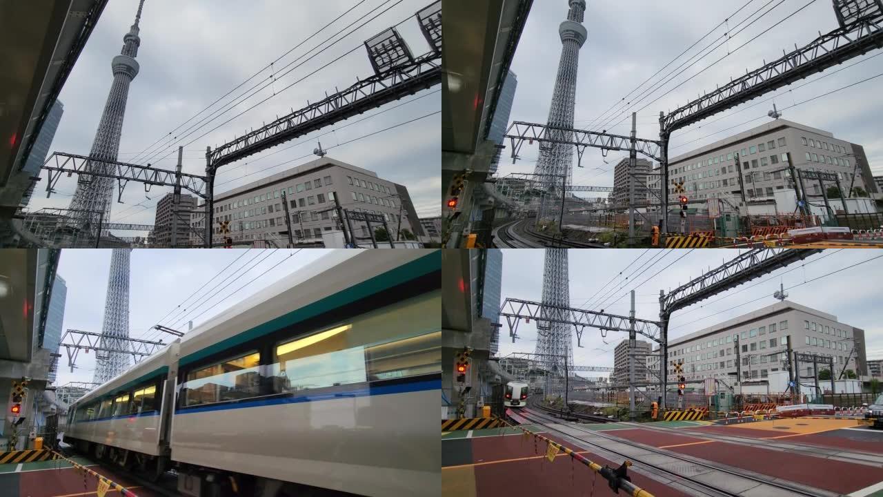 东京Oshiage铁路道口清晨2022年10月