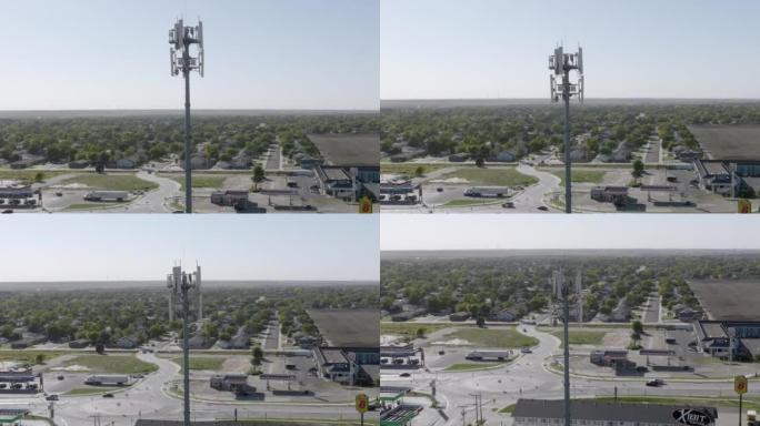 通过5g数据在线将堪萨斯州的小城镇连接到商业，商业和移动设备娱乐世界的通信蜂窝塔的上升动臂式空中无人