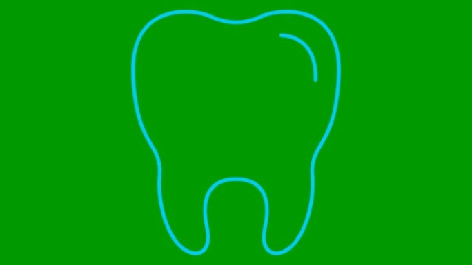 动画牙齿符号是逐渐绘制的。透明牙齿的线性蓝色图标。牙科概念。循环视频。矢量插图孤立在绿色背景上。