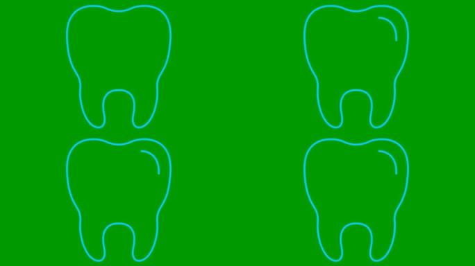 动画牙齿符号是逐渐绘制的。透明牙齿的线性蓝色图标。牙科概念。循环视频。矢量插图孤立在绿色背景上。