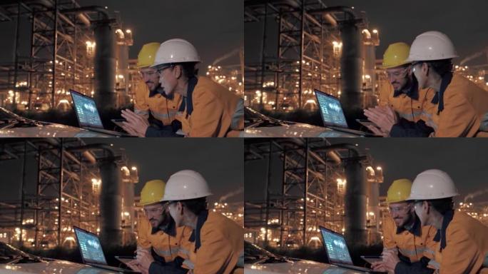 两位石油炼油厂工程师使用具有未来现实技术的数字平板电脑在夜间检查石化厂