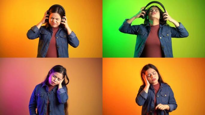 美丽的年轻女子用耳机听音乐，亚洲印度女孩摘下耳机避免大声音乐，耳朵疼痛概念，孤立的彩色背景工作室拍摄