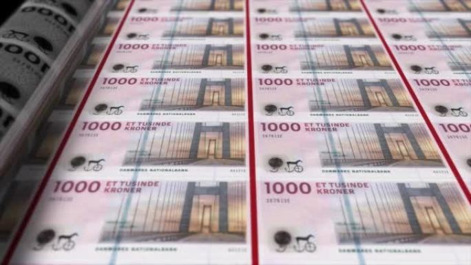 丹麦，丹麦克朗印刷机打印出当前1000克朗钞票，无缝循环，丹麦货币背景，4K，聚焦深度Smoot和尼