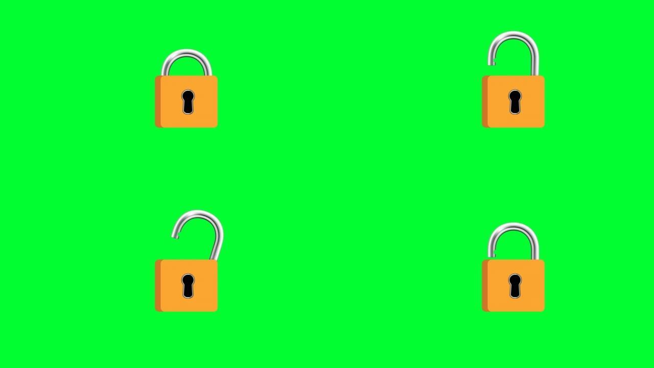 锁键绿色屏幕动画。用钥匙打开锁并解锁关闭锁。安全概念