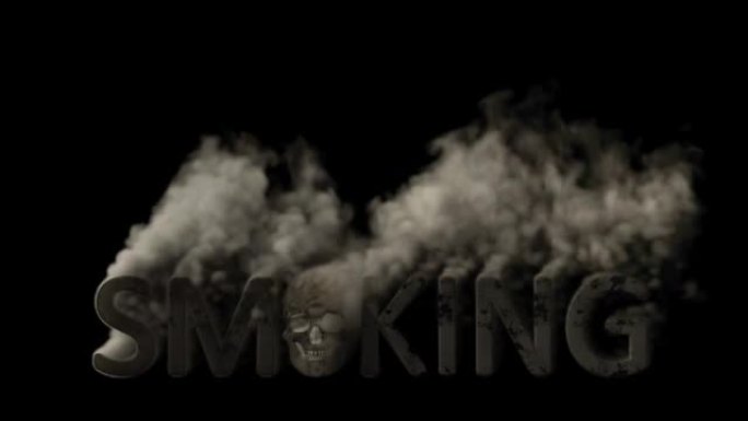黑色背景上的骷髅吸烟文本，孤立循环视频
