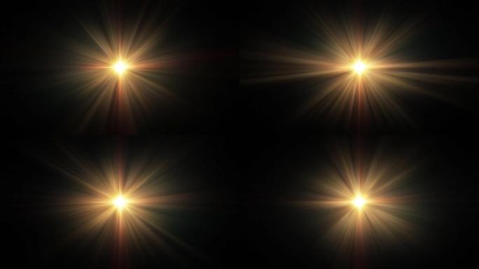 4k循环中心旋转闪烁辉光星光光学镜头耀斑闪亮动画艺术背景。照明灯光线效果动态明亮的视频素材。金辉星光