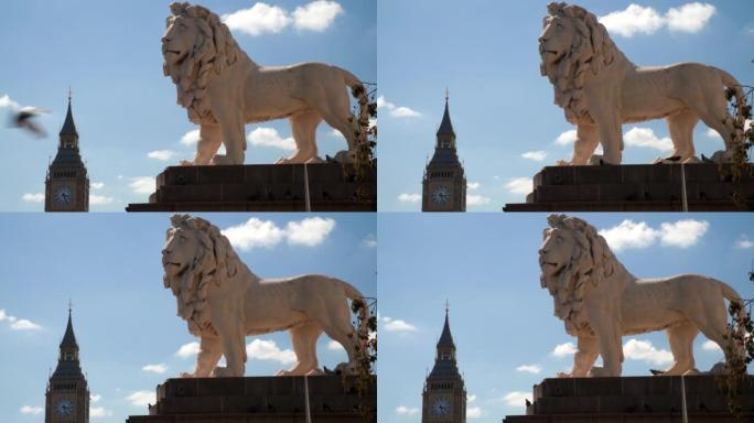 英国伦敦威斯敏斯特桥上的大本钟、议会大厦和狮子雕像