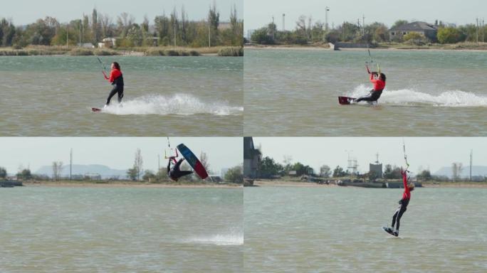 风筝冲浪者骑着风筝在海湾做和练习技巧。自由式风筝跳跃，在池塘风筝上训练。喜欢骑行的风筝冲浪者。极限水