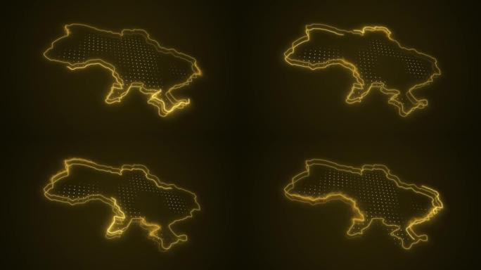 3D霓虹黄色乌克兰地图边界轮廓循环背景