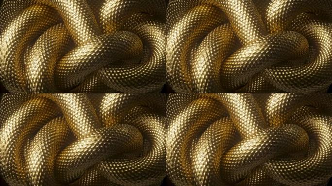 循环3d动画，缠结金蛇的抽象背景，闪亮的金属龙鳞纹理，时尚介绍