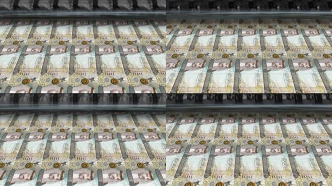 巴林，巴林第纳尔印刷机打印出当前20第纳尔钞票，无缝循环，巴林货币背景，4K，聚焦深度Smoot和尼
