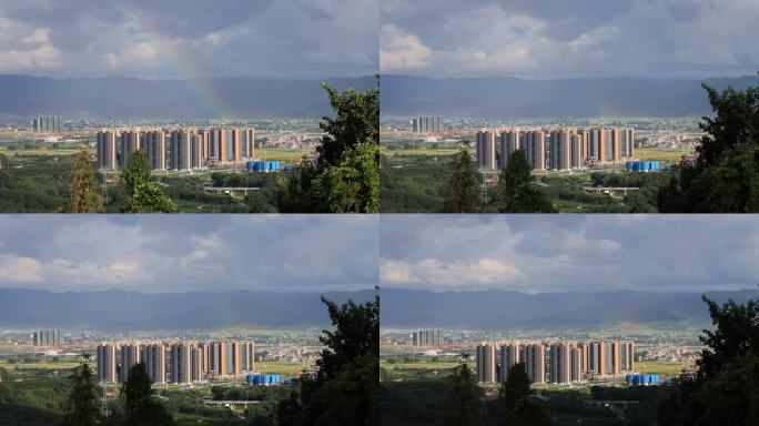 彩虹在高楼处生成的延时视频