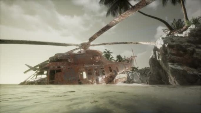 该岛附近的老生锈军用直升机