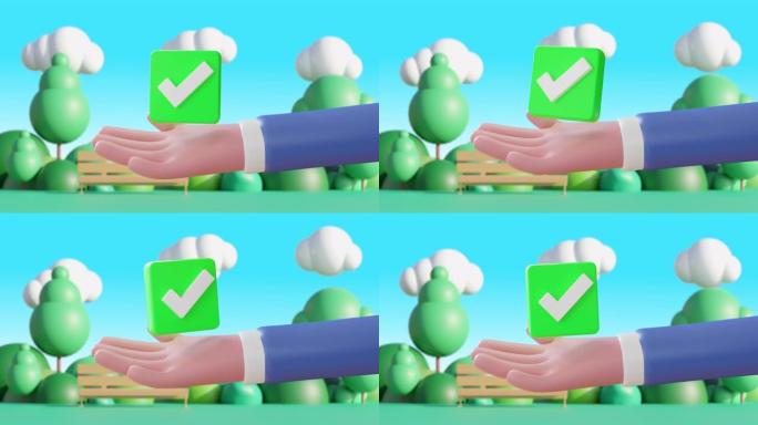3d动画商务男子卡通拿着选中的图标或正确的选择标志，选中标记。