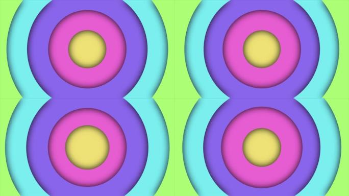 4k卡通彩色圆圈，彩虹光谱渐变环慢慢移出，多色螺旋，圆圈。