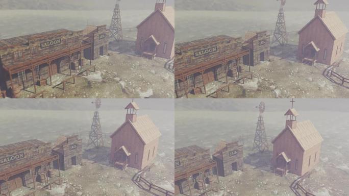 雾中古老的西方废弃小镇的动画