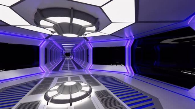 3D电脑游戏科幻小说。宇宙飞船内部有发光的霓虹灯。带有圆圈背景的空间站未来走廊。3d渲染