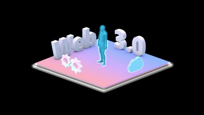 Web 3.0文本，霓虹灯效果。新技术的概念。动画齿轮，云和人。3D动画。互联网和新技术的概念。