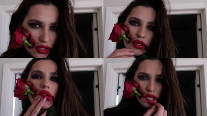 万圣节化妆，玫瑰花在嘴里。一个女孩嘴里拿着一朵红玫瑰的肖像。