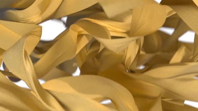金色纹理3D布条纹模拟。白色背景上飞舞的漂亮金色织物。金色布料的渲染动画。