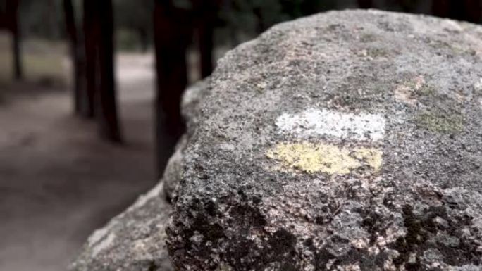 在小径中间的一块岩石的视频，上面涂有油漆标记，指示登山者和徒步旅行者的特定山脉路线之一。