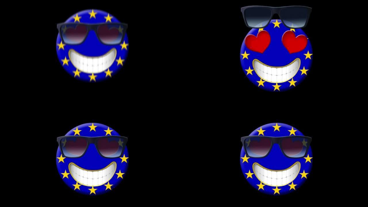 欧盟。笑脸与欧盟旗帜的动画被Alpha频道隔离(透明背景)。动画Emoji。笑脸图标动画。表情符号。