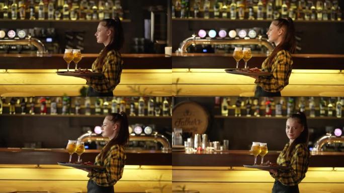 女服务员在酒吧，酒吧或餐厅为男人带来啤酒杯。