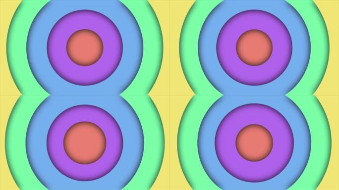 4k卡通彩色圆圈，彩虹光谱渐变环慢慢移出，多色螺旋，圆圈。