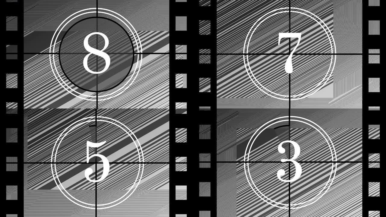 黑色和白色噪音线的老式和复古风格倒计时。倒计时和电影介绍的概念。