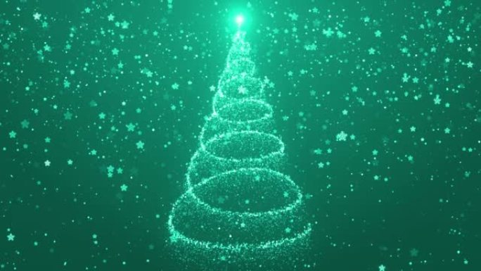 4k快乐圣诞树动画，带有灯光颗粒和雪花，抽象的新年快乐背景，圣诞礼物和节日装饰