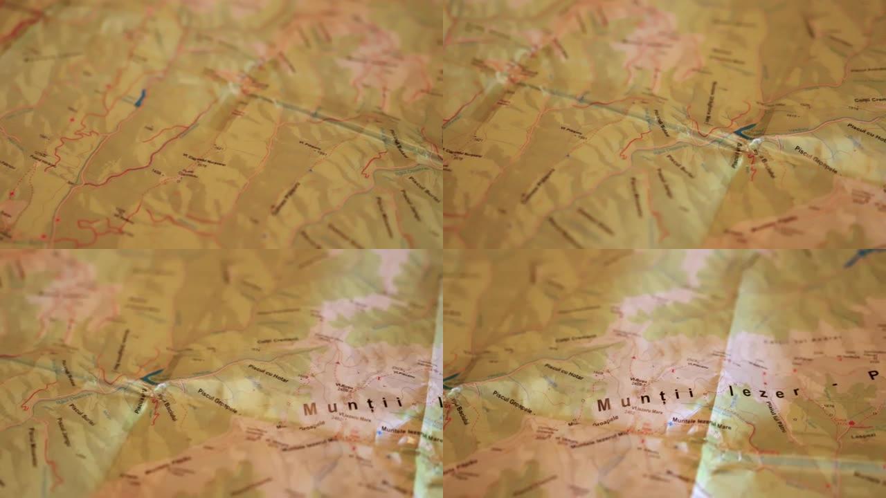 罗马尼亚地图的特写，显示从维德拉鲁湖到高清的伊泽尔山脉