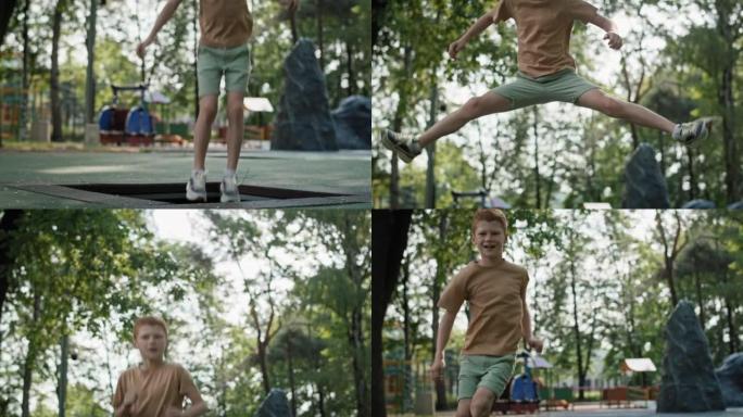 高加索姜男孩在操场上蹦床上跳。用8k的红氦相机拍摄。