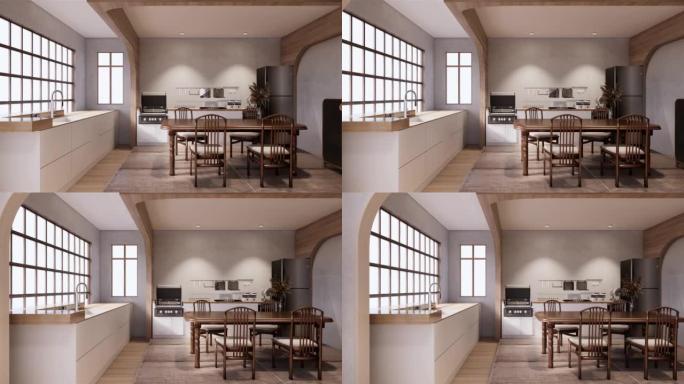 模拟厨房房间日式风格，白色墙壁模拟。3d渲染