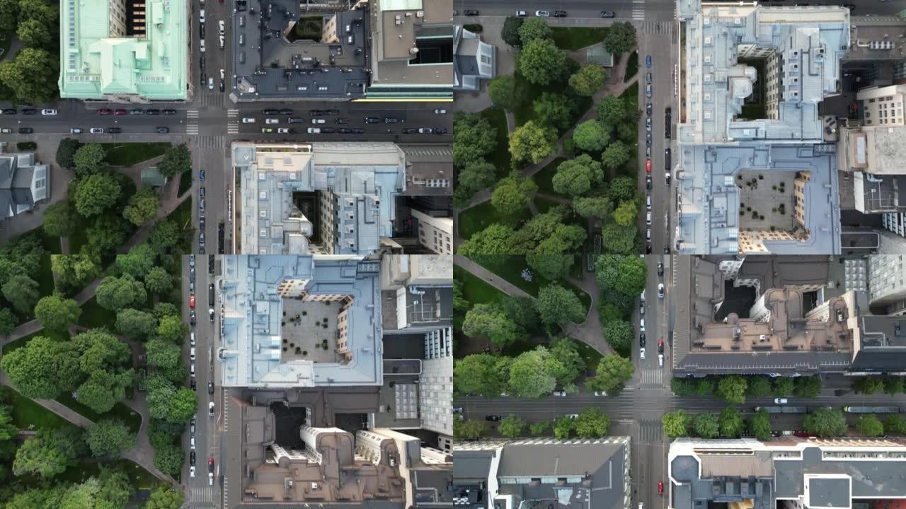 赫尔辛基市中心的街道和交通俯视图