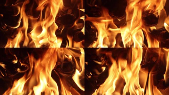 火在乡间别墅的燃木炉中燃烧，慢动作。
